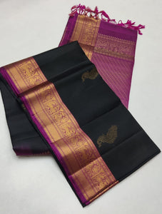 Classic Charcoal Black & Shimmer Wine Red Double Warp Elegance Handloom Soft Silk Saree SS23513