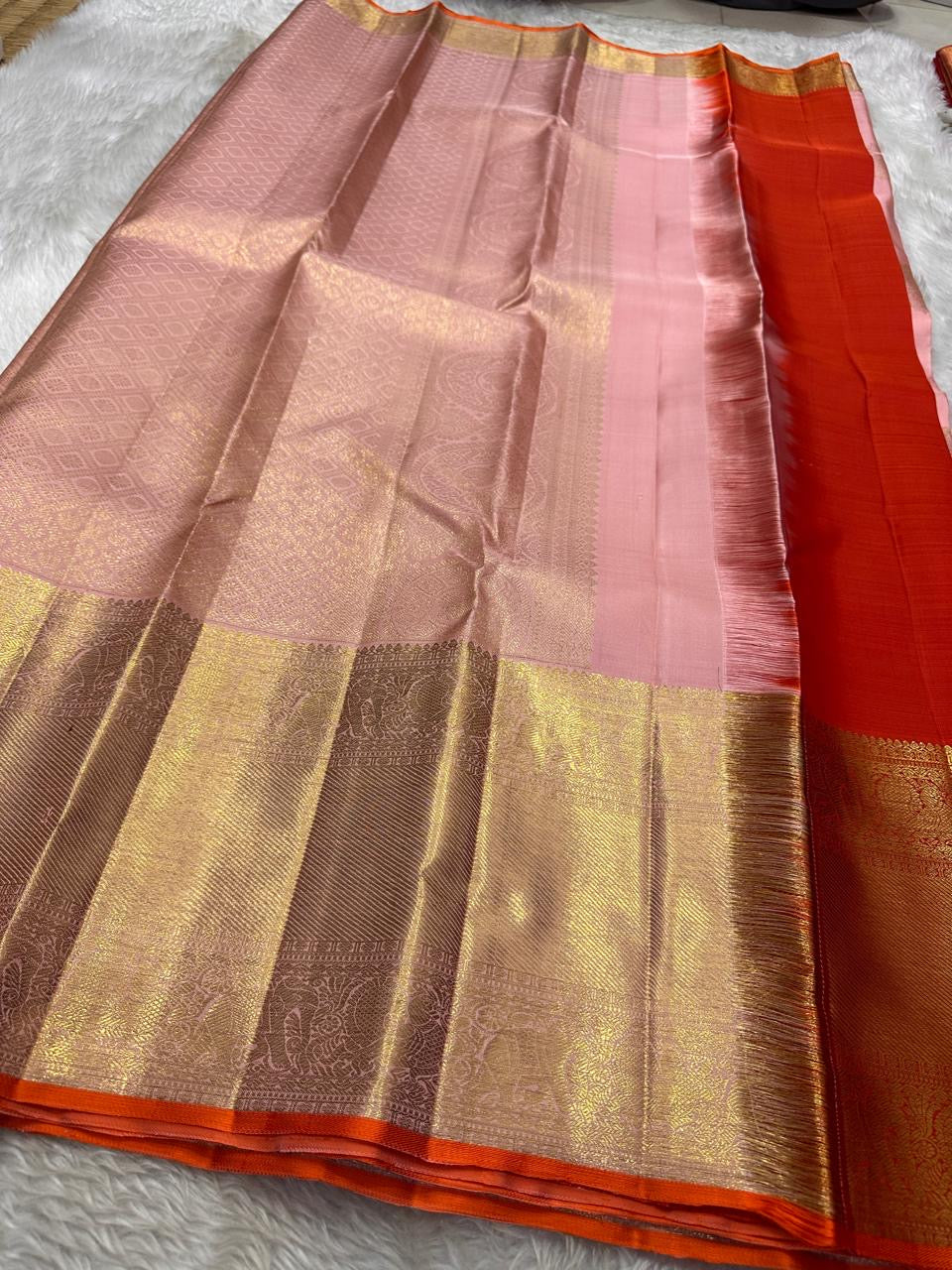 Classic Pastel Pink & Chilly Red 2gm Zari Bridal Elegance Kanchipuram Handloom Silk Saree SS26271