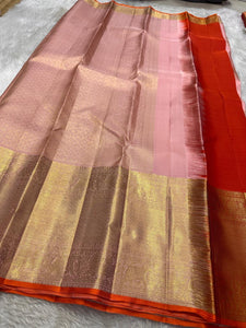 Classic Pastel Pink & Chilly Red 2gm Zari Bridal Elegance Kanchipuram Handloom Silk Saree SS26271