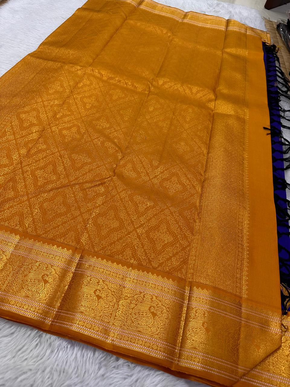 Classic Royal Blue & Orange 2gm Zari Korvai Elegance Kanchipuram Handloom Silk Saree SS23733