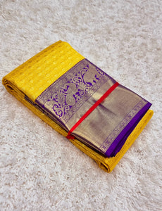 Classic Sunny Yellow & Purple 2gm Zari Bridal Elegance Kanjivaram Handloom Silk Saree SS22929