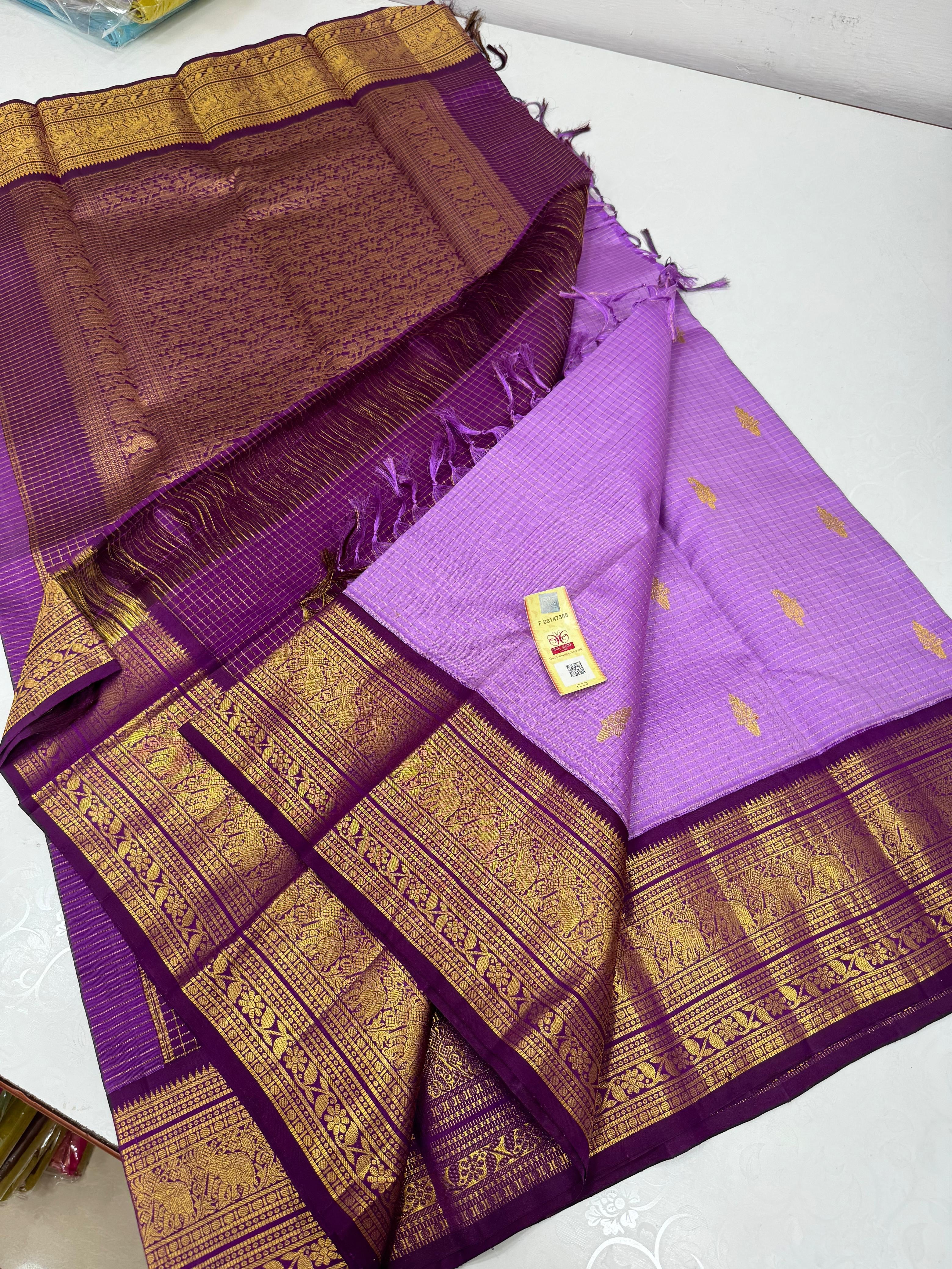 Classic Lavender & Jam Plum 2gm Zari Bridal Elegance Kanchipuram Handloom Silk Saree SS23794