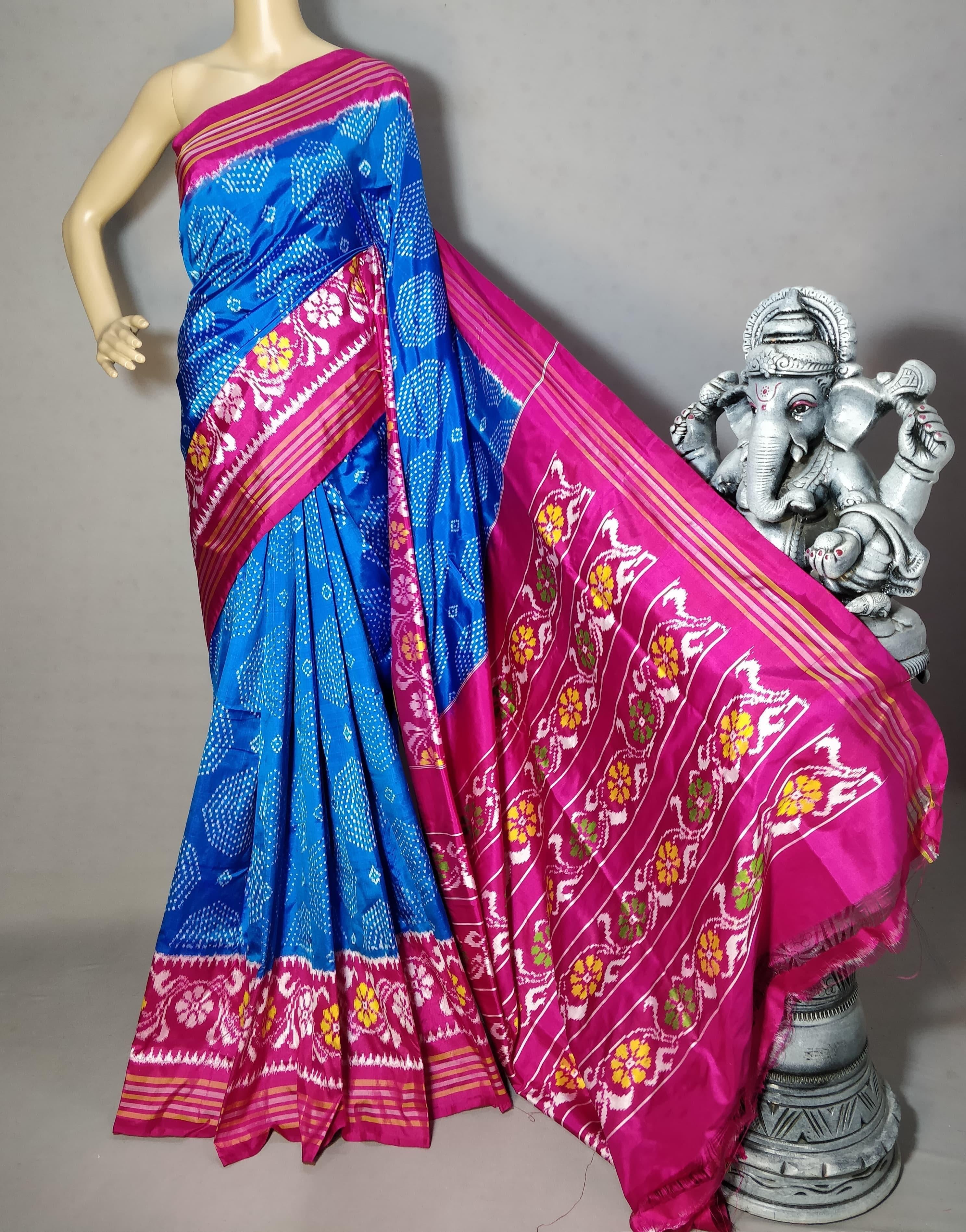 Classic Azure Blue & Dark Pink Ikkat Elegance Handloom Soft Silk Saree SS23091