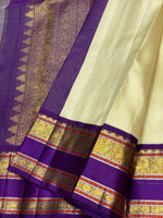 Load image into Gallery viewer, Classic Butter Cream &amp; Aubergine 2gm Zari Elegance Kanchipuram Handloom Silk Saree SS25321
