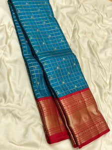 Classic Prussian Blue & Chilli Red 2gm Zari Beldari Checks Elegance Kanchipuram Handloom Silk Saree SS24613