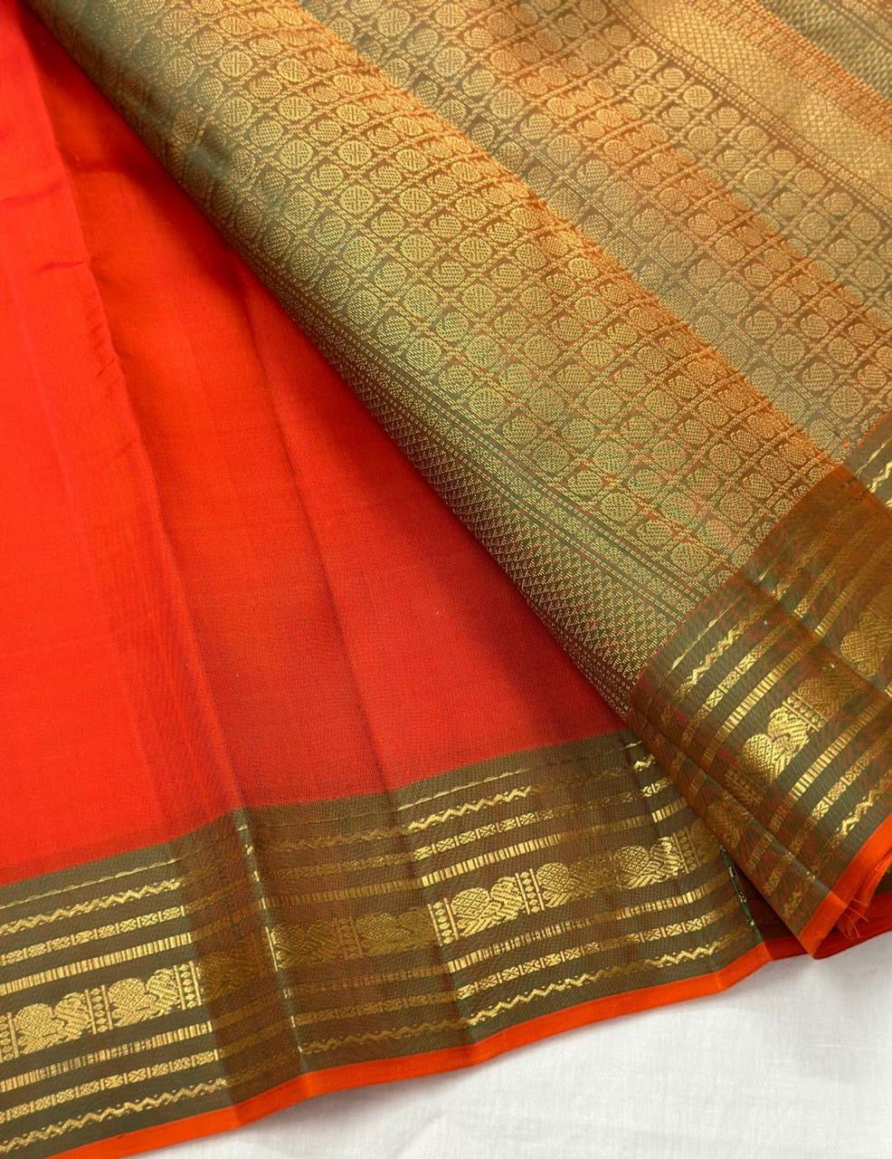 Classic Fiery Orange & Brownish Green 1gm Zari Elegance Kanchipuram Handloom Silk Saree SS24735