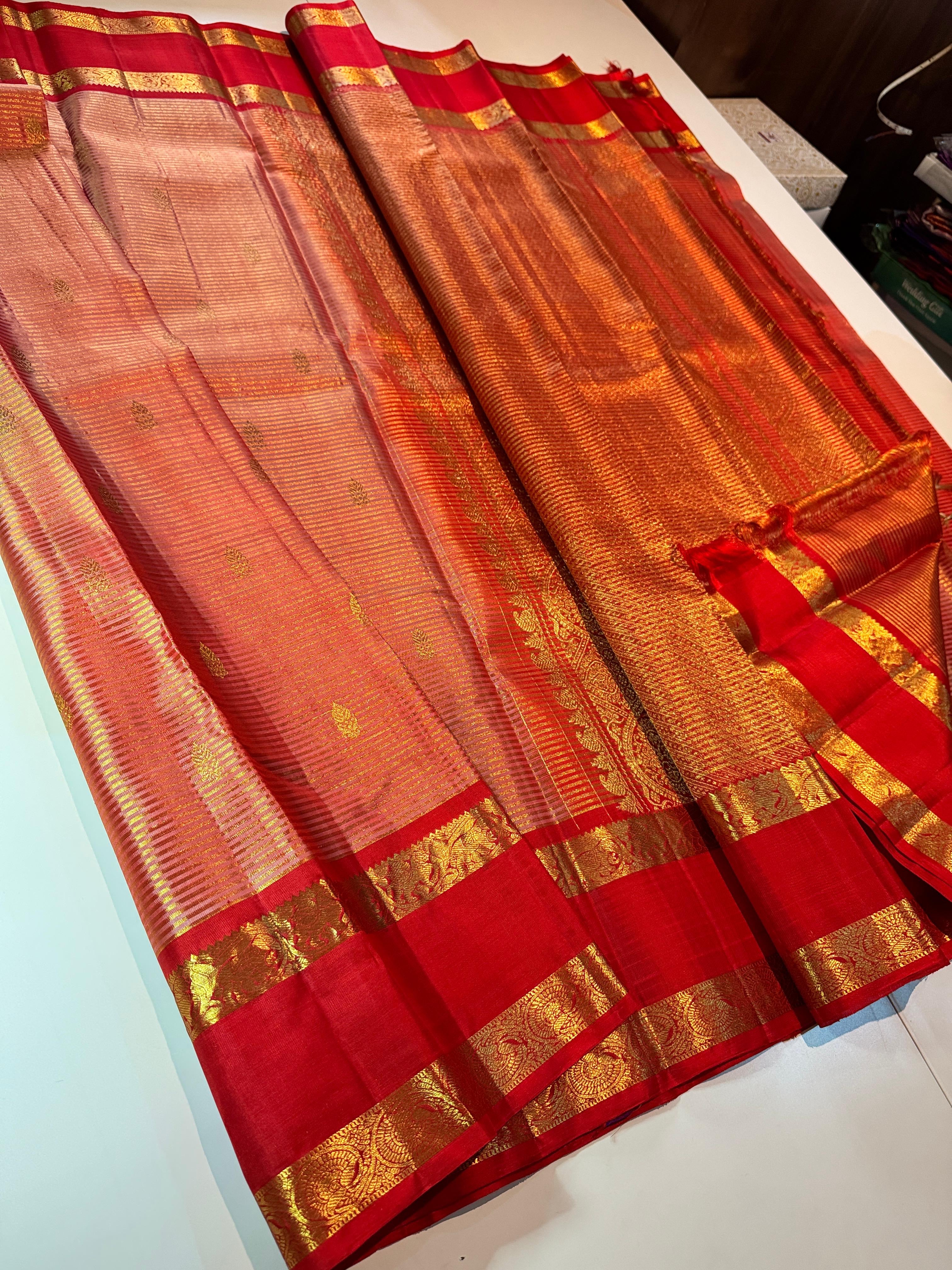 Classic Scarlet Red Elegance Kanchipuram Tissue Handloom Silk Saree SS25375
