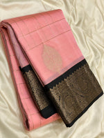 Load image into Gallery viewer, Classic Baby Pink &amp; Charcoal Black 2gm Zari Vaira Oosi Checks Elegance Kanchipuram Handloom Silk Saree SS24608
