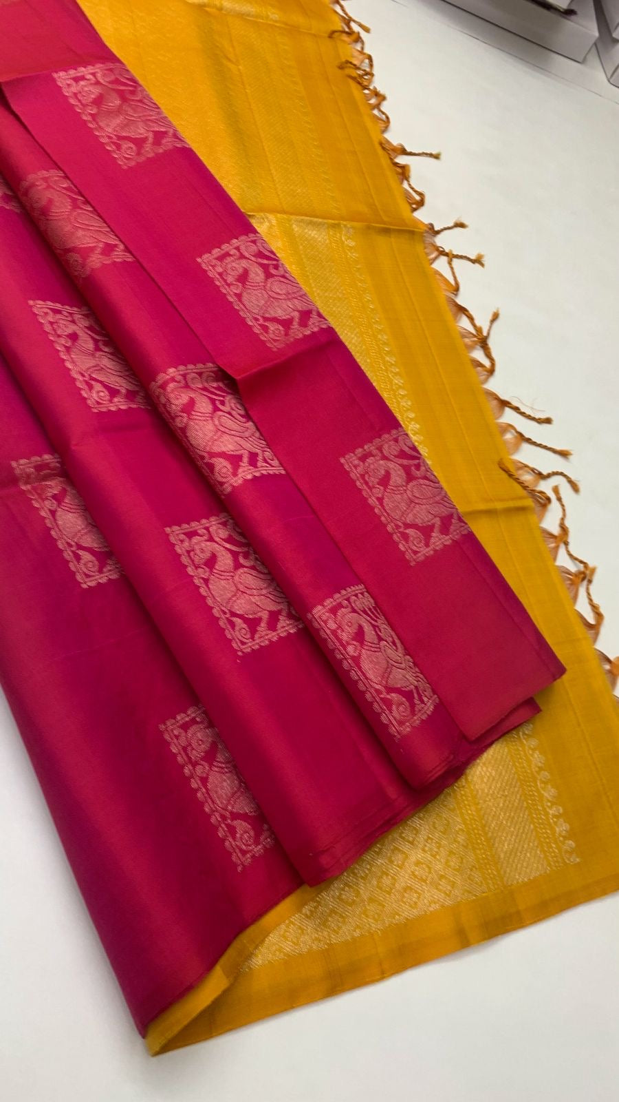 Classic Ruby Pink & Yellow Elegance Handloom Soft Silk Saree SS24423