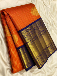 Classic Orange & Navy Blue 2gm Zari Vaira Oosi Checks Butta Kanchipuram Handloom Silk Saree SS26320