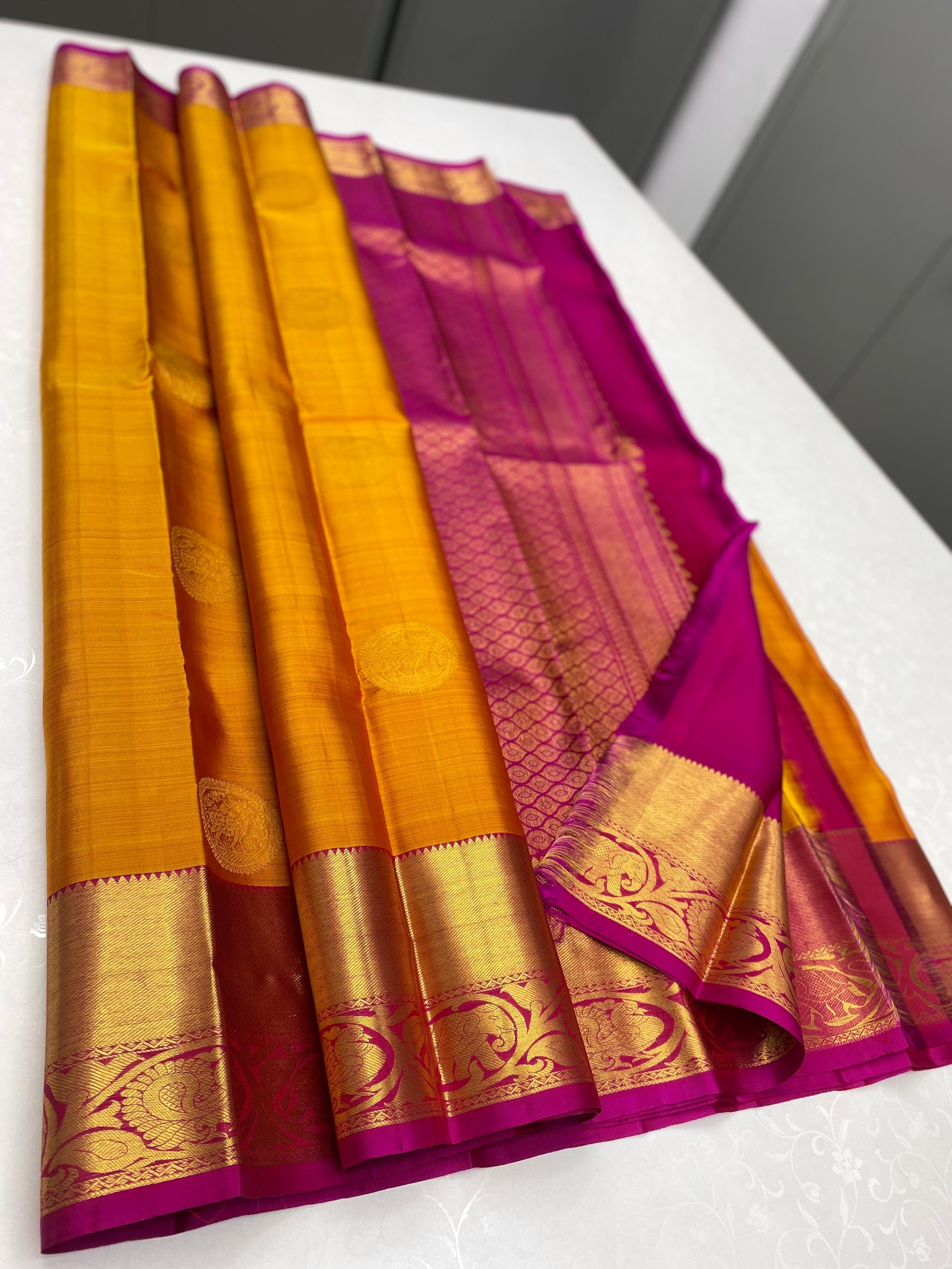 Classic Golden Yellow & Dark Pink 1gm Zari Kanchipuram Handloom Silk Saree SS26606