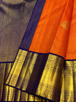 Load image into Gallery viewer, Classic Orange &amp; Navy Blue 2gm Zari Vaira Oosi Checks Butta Kanchipuram Handloom Silk Saree SS26320
