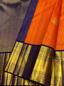 Classic Orange & Navy Blue 2gm Zari Vaira Oosi Checks Butta Kanchipuram Handloom Silk Saree SS26320