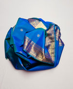 Load image into Gallery viewer, Classic Peacock Blue Gold &amp; Silver Zari Double Warp Handloom Soft Silk Saree SS27853
