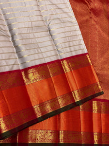 Classic Pastel Grey & Chilli Red 3gm Zari Vaira Oosi Beldari Design Elegance Kanchipuram Handloom Silk Saree SS24444