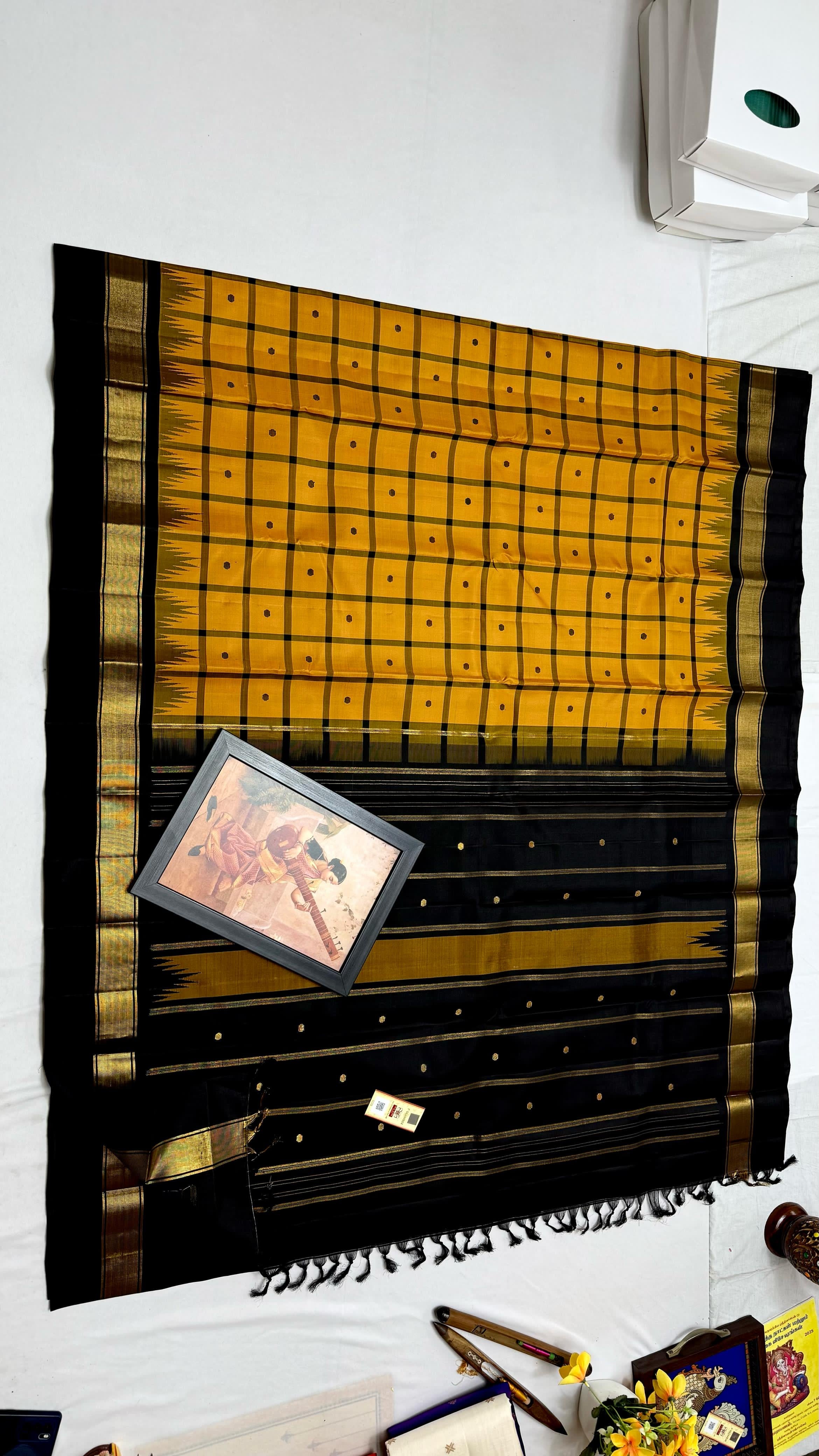 Classic Mango Yellow & Black Elegance Kanchipuram Handloom Silk Saree SS25317
