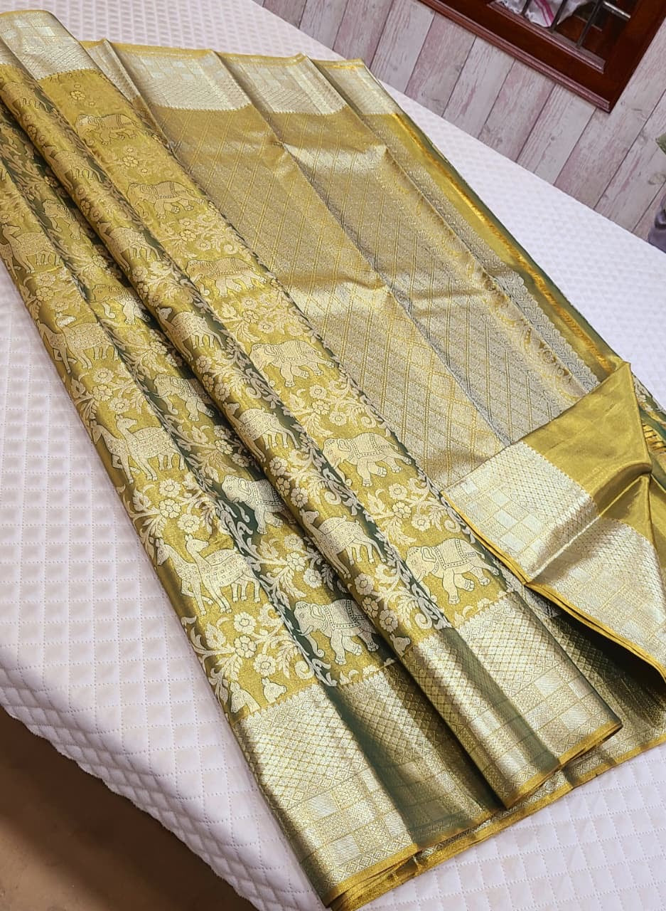 Classic Olive Green Tint 2gm Zari Bridal Tissue Elegance Kanchipuram Handloom Silk Saree SS26619
