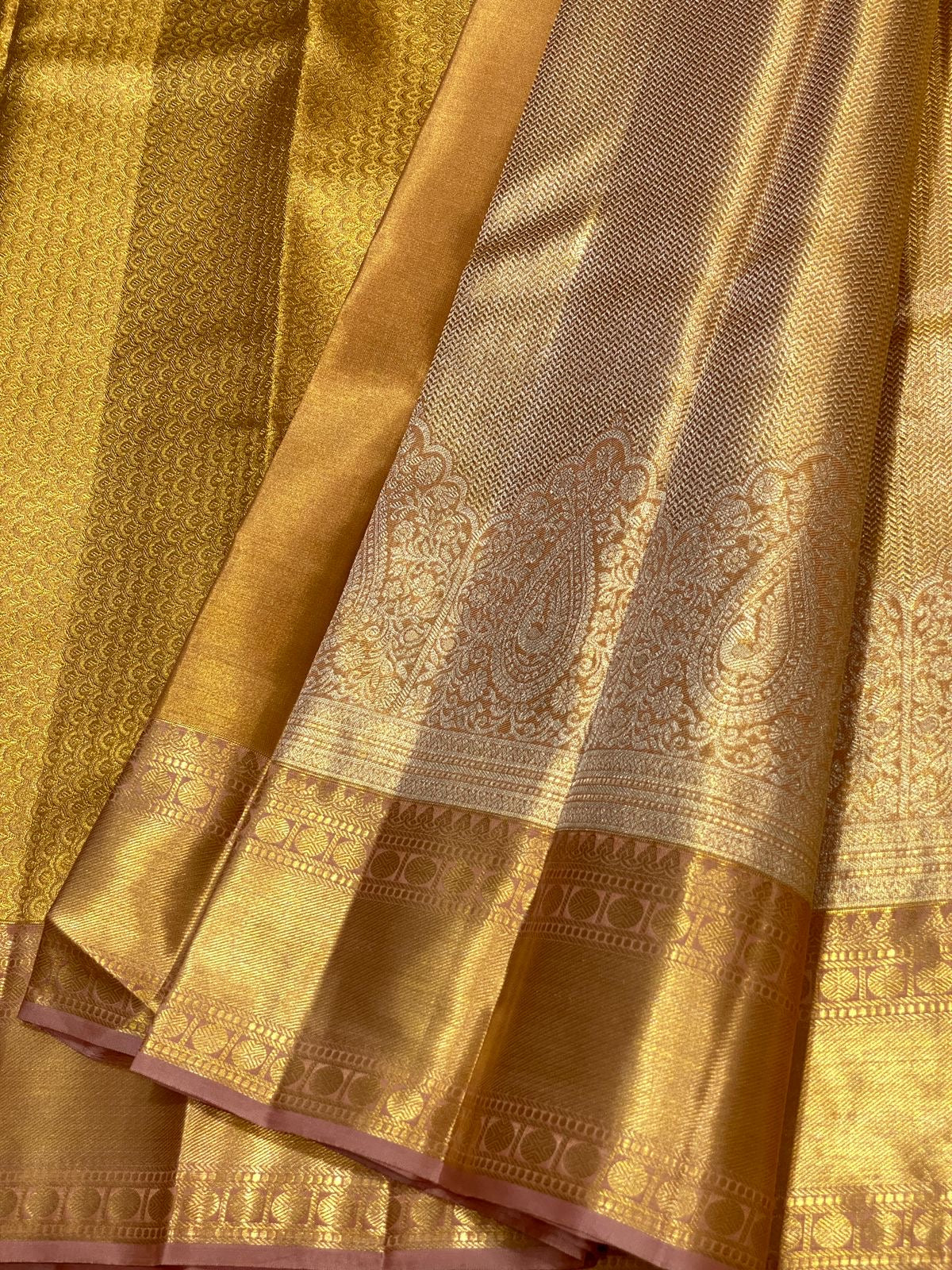 Pastel Gold Mustard 2gm Zari Brocade Tissue Bridal Elegance Kanchipuram Handloom Silk Saree SS26666
