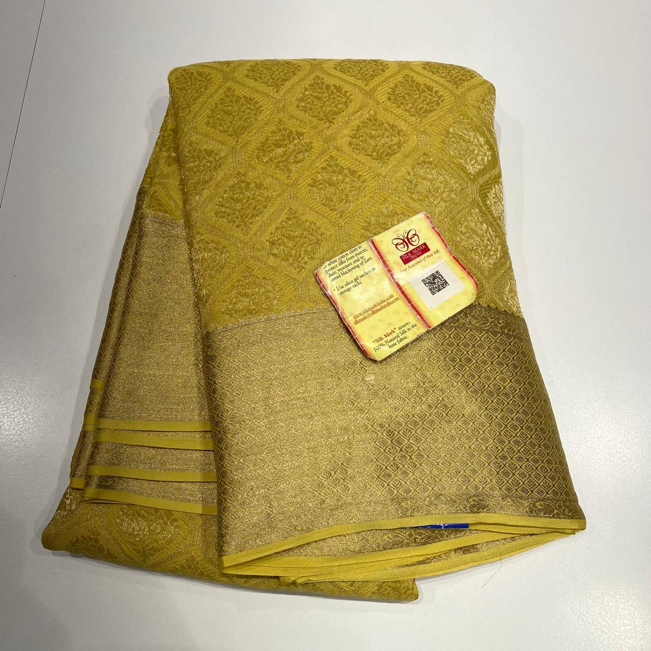 Classic Pastel Olive Green Handwork Elegance Khaddi Banarasi Crepe Silk Saree SS25410