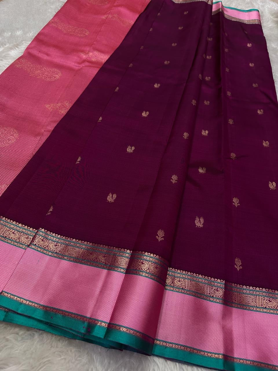 Classic Wine Red & Baby Pink 2gm Zari Elegance Kanchipuram Silk Saree SS23950