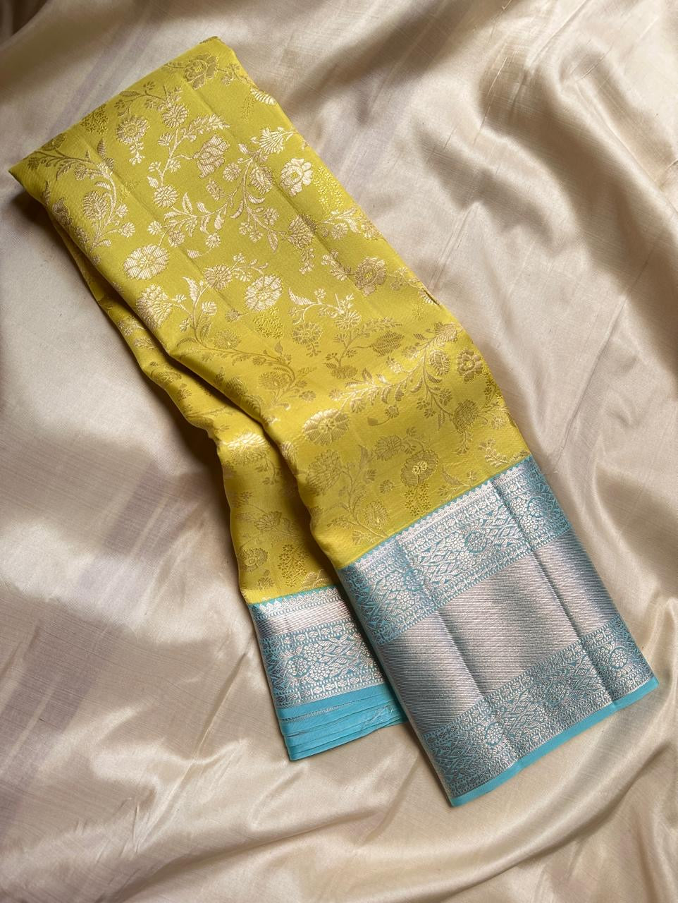 Classic Lime Yellow & Sky Blue 2gm Zari Bridal Elegance Kanchipuram Handloom Silk Saree SS24476