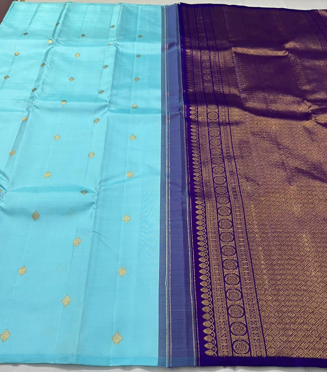 Classic Sky Blue & Violet 2gm Zari Kanchipuram Handloom Silk Saree SS26214