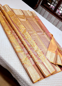 Pastel Melon Orange 1gm Zari Bridal Tissue Elegance Kanchipuram Handloom Silk Saree SS26351