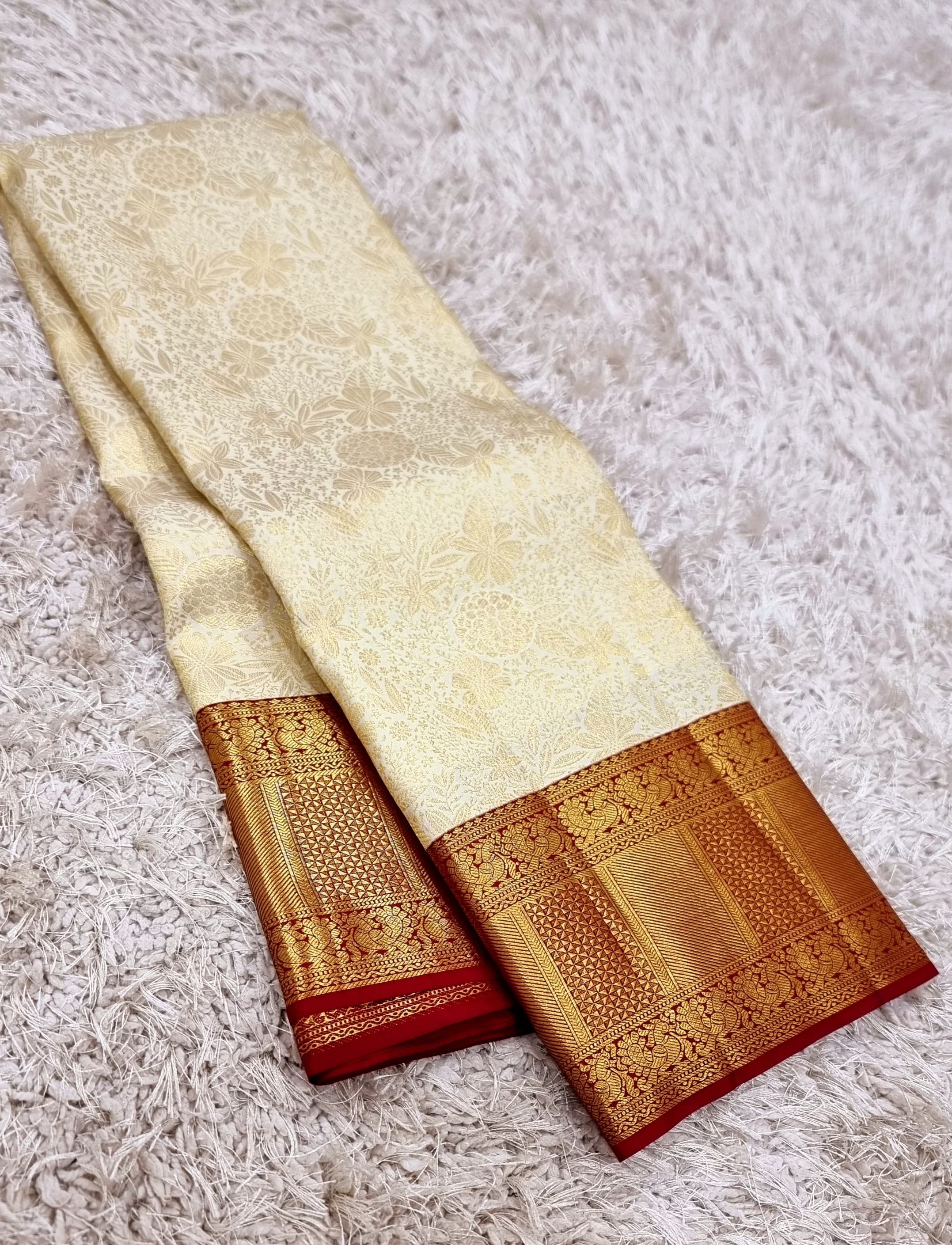 Classic Offwhite & Brick Red 2gm Zari Bridal Elegance Kanchipuram Handloom Silk Saree SS25554