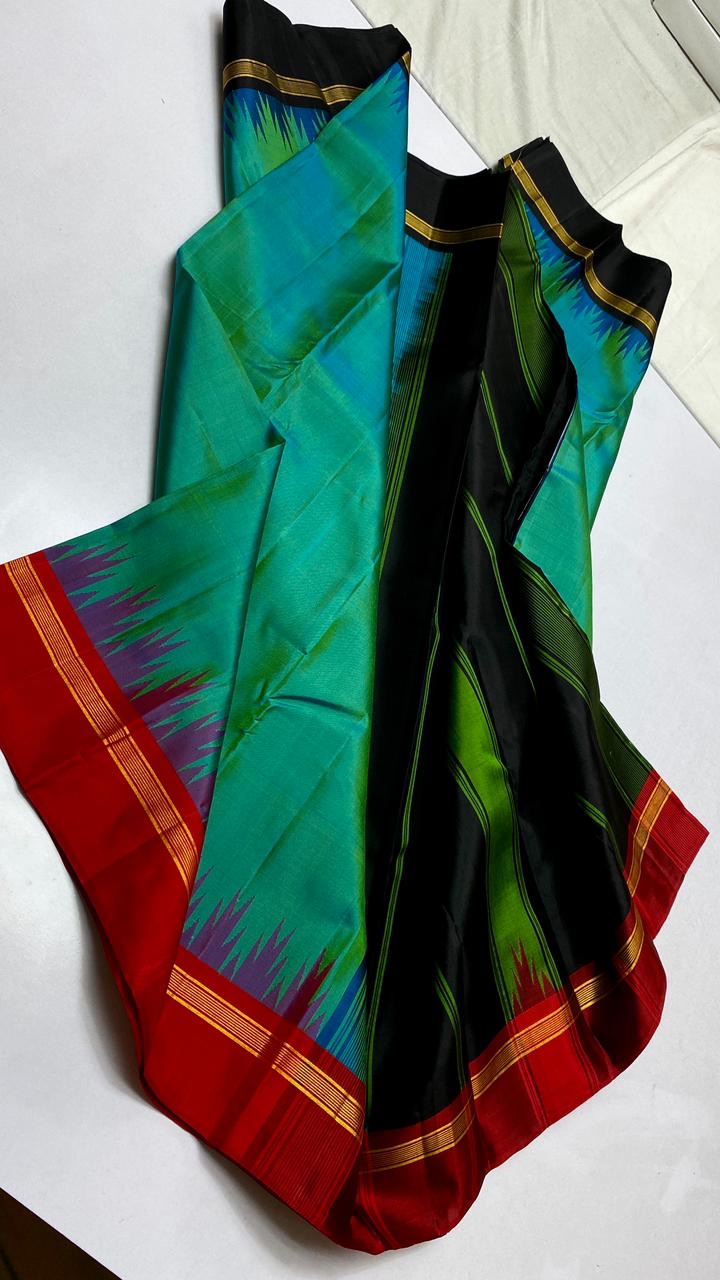 Classic Sea Green & Red Black Korvai Kanchipuram Handloom Silk Saree SS25886