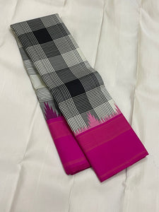 Classic Black & White Checks Deep Pink 1gm Zari Elegance Kanchipuram Handloom Silk Saree SS24713