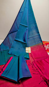 Classic Peacock Blue & Dark Pink Double Warp Elegance Soft Silk Saree SS24226