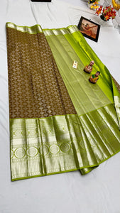 Classic Moss Brown & Spring Green Elegance Kanchipuram Handloom Silk Saree SS24489