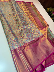 Classic Sky Blue & Pink Elegance Kanchipuram Tissue Handloom Silk Saree SS24508