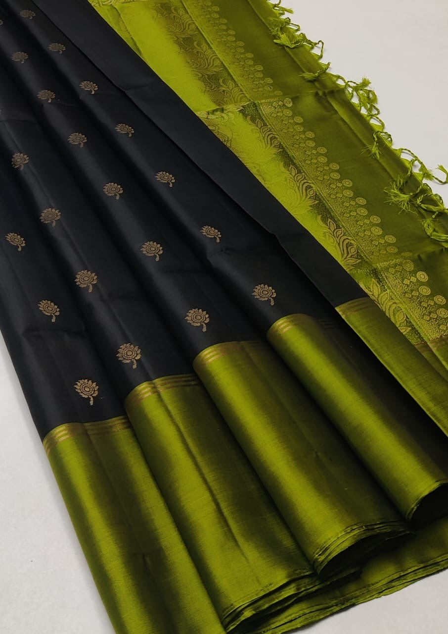 Classic Charcoal Black & Lime Green Elegance Handloom Soft Silk Saree SS23956