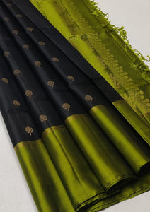 Classic Charcoal Black & Lime Green Elegance Handloom Soft Silk Saree SS23956