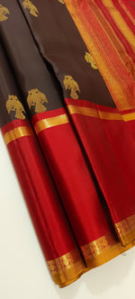 Load image into Gallery viewer, Classic Espresso &amp; Red Elegance Kanchipuram Handloom Silk Saree SS24200
