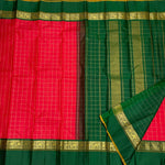 Load image into Gallery viewer, Classic Tomato Red &amp; Green Vintage Silver Checks Korvai 1gm Zari Kanchipuram Handloom Silk Saree SS26274
