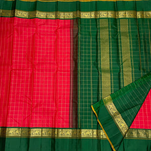 Classic Tomato Red & Green Vintage Silver Checks Korvai 1gm Zari Kanchipuram Handloom Silk Saree SS26274