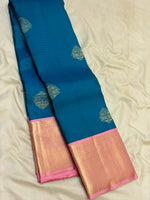 Load image into Gallery viewer, Classic Teal Blue &amp; Rose 2gm Zari Elegance Kanchipuram Handloom Silk Saree SS28646
