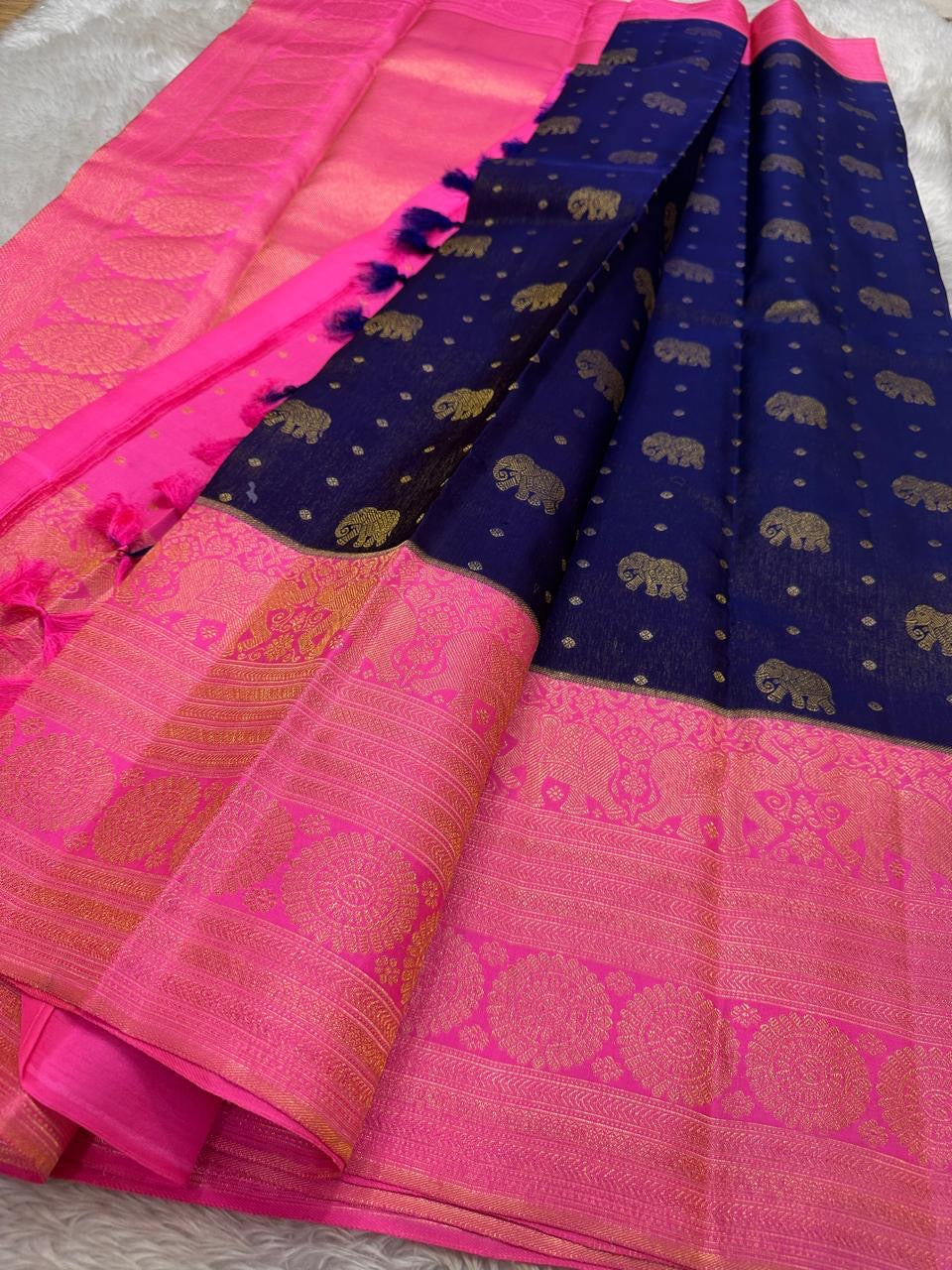 Classic Royal Blue & Hot Pink Bridal Elegance Kanchipuram Handloom Silk Saree SS26096