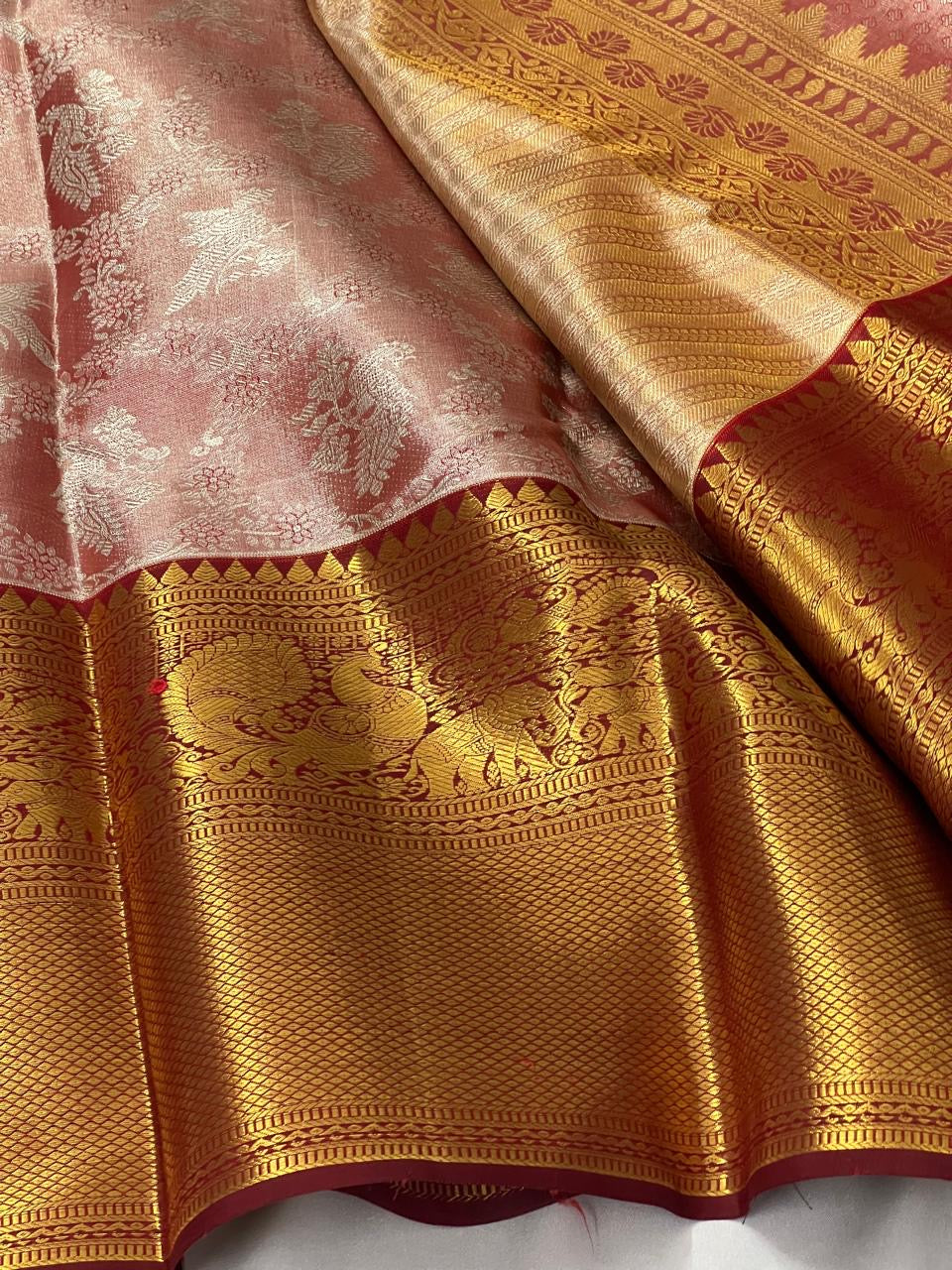 Pastel Cocoa Rose & Barn Red 2gm Zari Bridal Elegance Kanchipuram Handloom Silk Saree SS24062