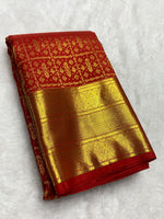 Load image into Gallery viewer, Classic Vermillion Red 2gm Zari Bridal Elegance Kanchipuram Handloom Silk Saree SS22875
