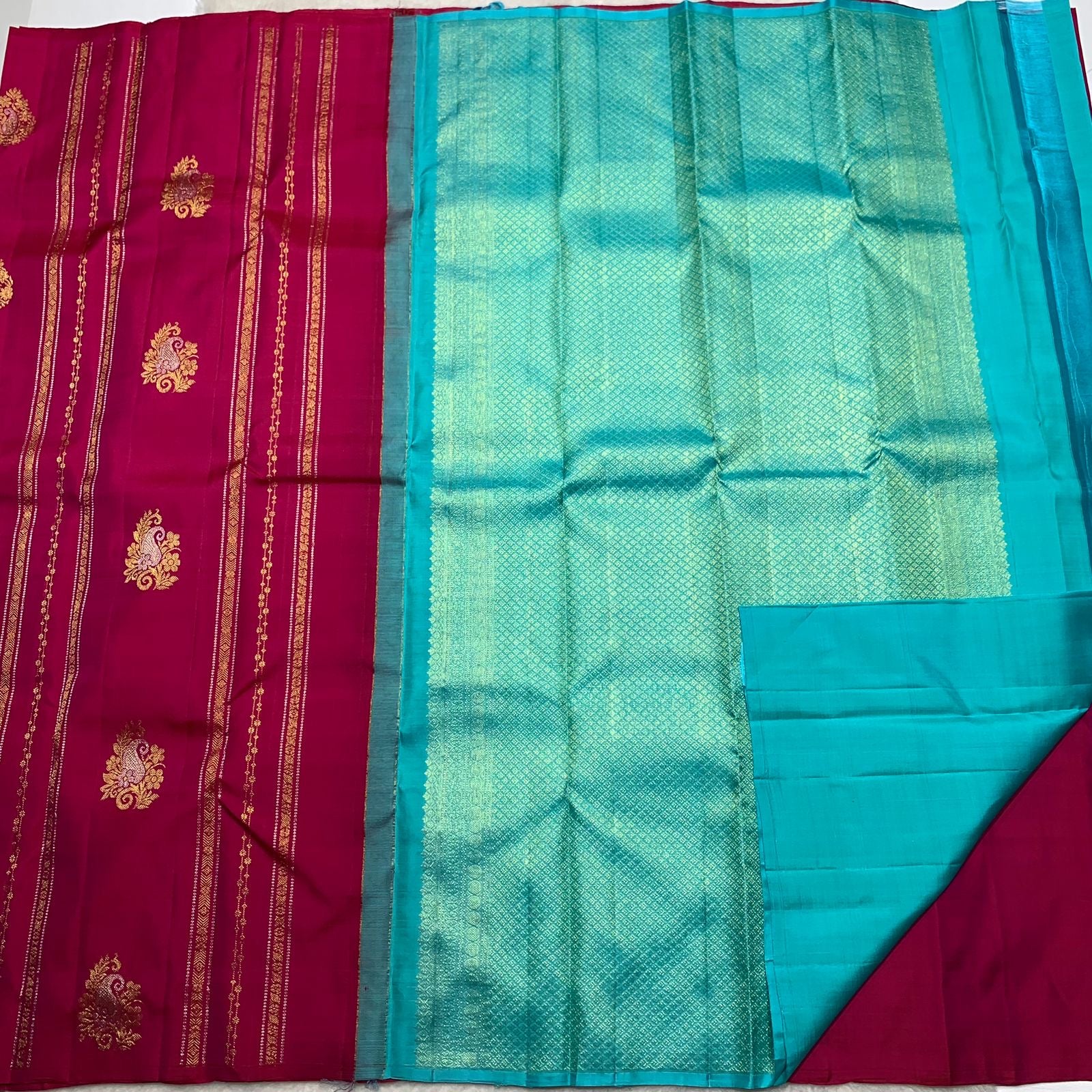 Wine Red & Cerulean Blue 2gm Zari Elegance Kanchipuram Handloom Silk Saree SS20584
