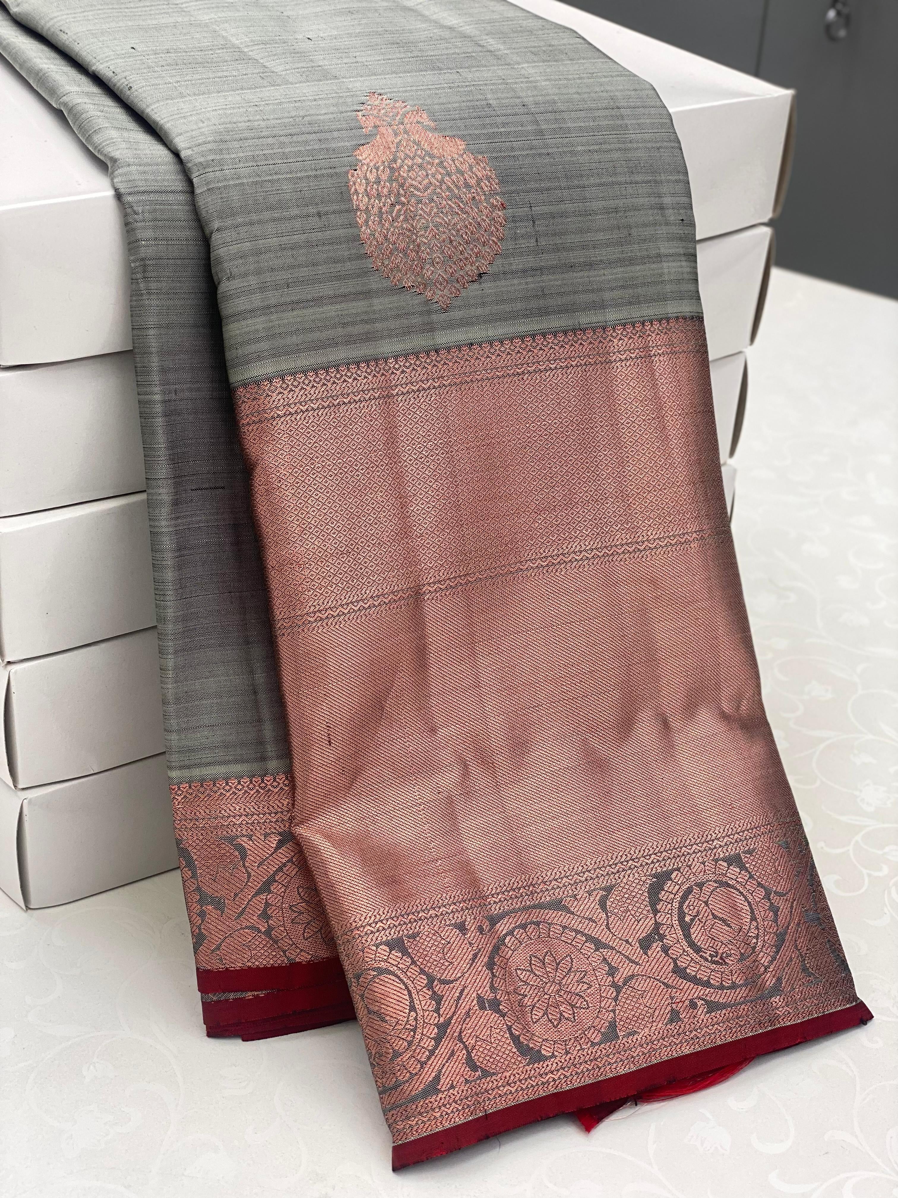 Classic Cement Grey & Brick Red 1gm Zari Elegance Kanchipuram Handloom Silk Saree SS25344