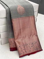 Load image into Gallery viewer, Classic Cement Grey &amp; Brick Red 1gm Zari Elegance Kanchipuram Handloom Silk Saree SS25344
