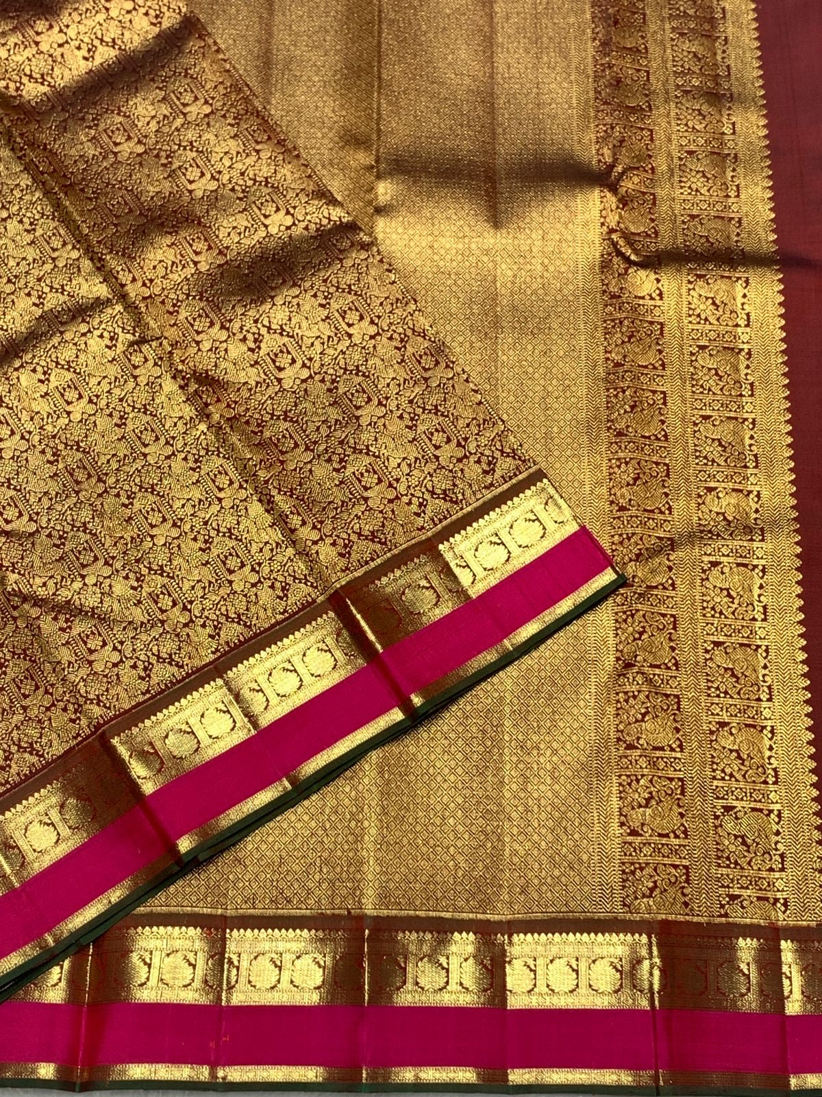 Classic Coffee Brown & Deep Pink 2gm Zari Bridal Elegance Kanchipuram Handloom Silk Saree SS25269