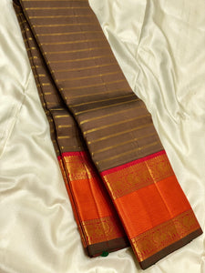 Classic Cocoa Brown & Orange Pink 3gm Zari Vaira Oosi Beldari Design Elegance Kanchipuram Handloom Silk Saree SS24445