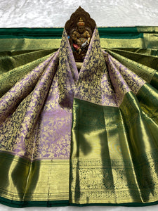 Classic Lavender & Bottle Green 2gm Zari Bridal Elegance Kanchipuram Handloom Silk Saree SS25360