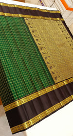 Load image into Gallery viewer, Classic Green &amp; Dark Brown Zari Kattam &amp; Rettai Pet Border Elegance Kanchipuram Handloom Silk Saree SS25337

