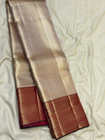 Load image into Gallery viewer, Classic Rose Gold &amp; Garnet Red Diagonal Rectangular Design Brocade 2gm Zari Bridal Elegance Kanchipuram Handloom Silk Saree SS27412
